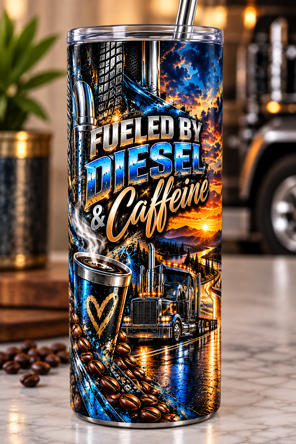 Fueled by Diesel & Caffeine 20oz tumbler mockup - Long Haul Legacy