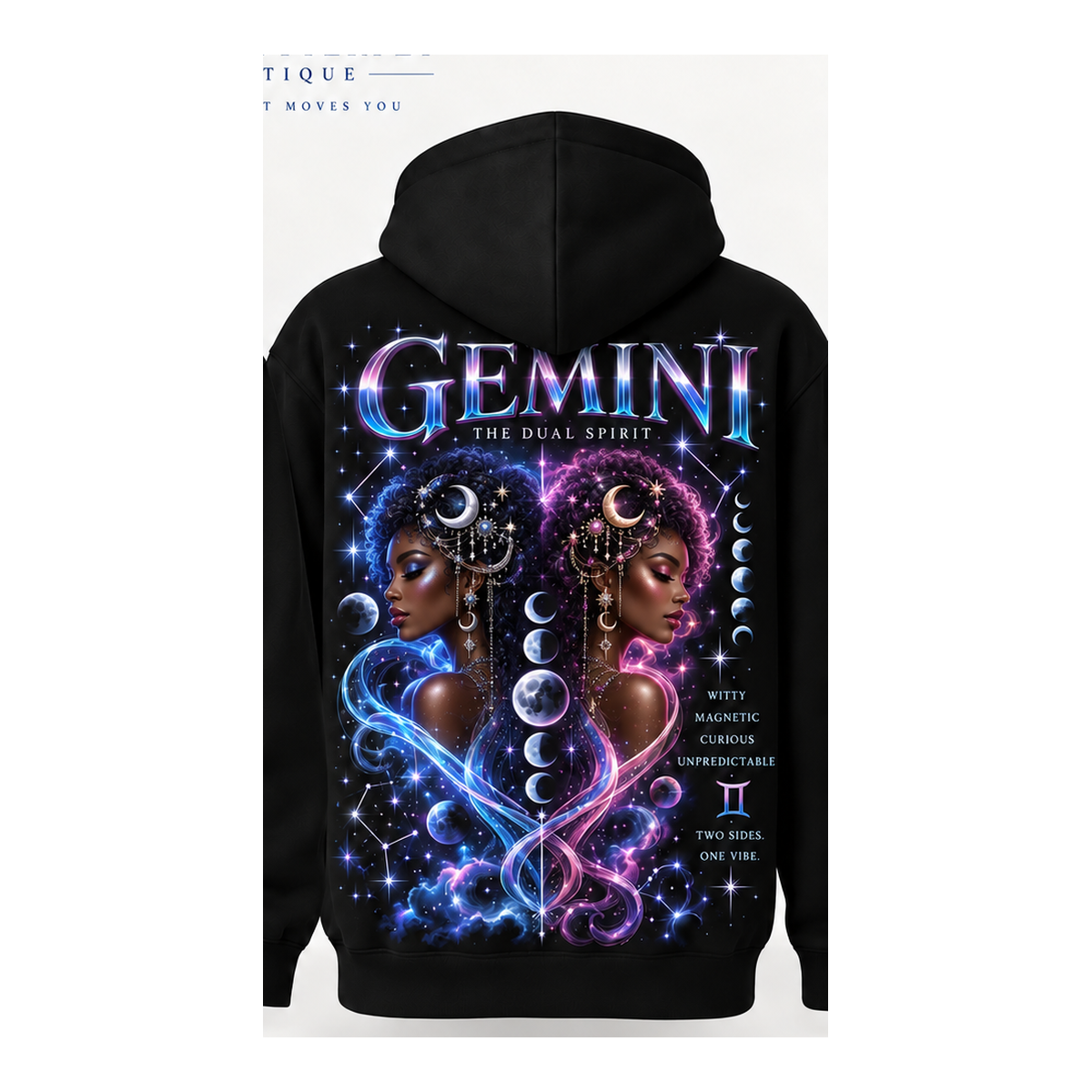 Gemini black pullover hoodie with one large back design only