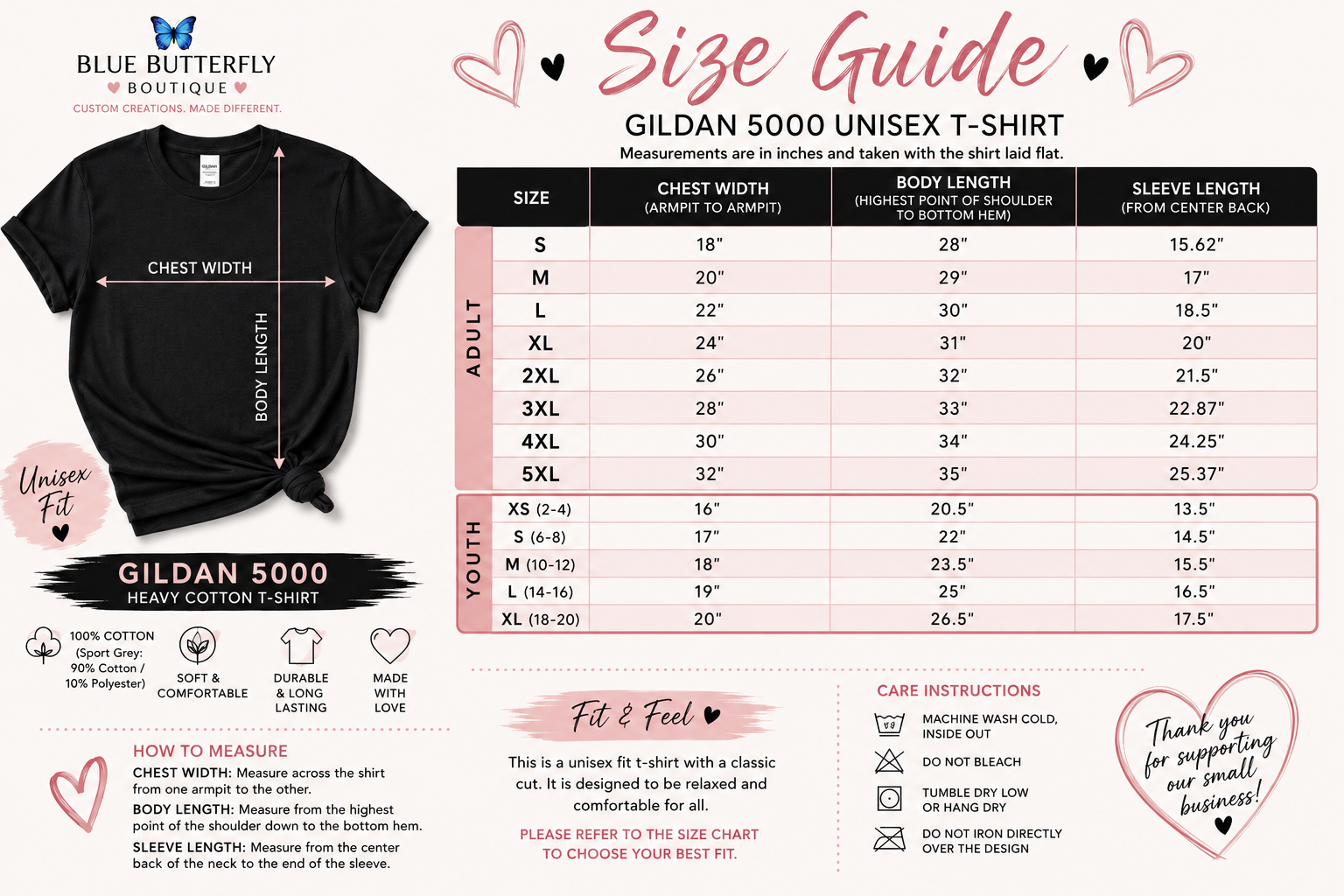 Gildan 5000 unisex T-shirt size guide