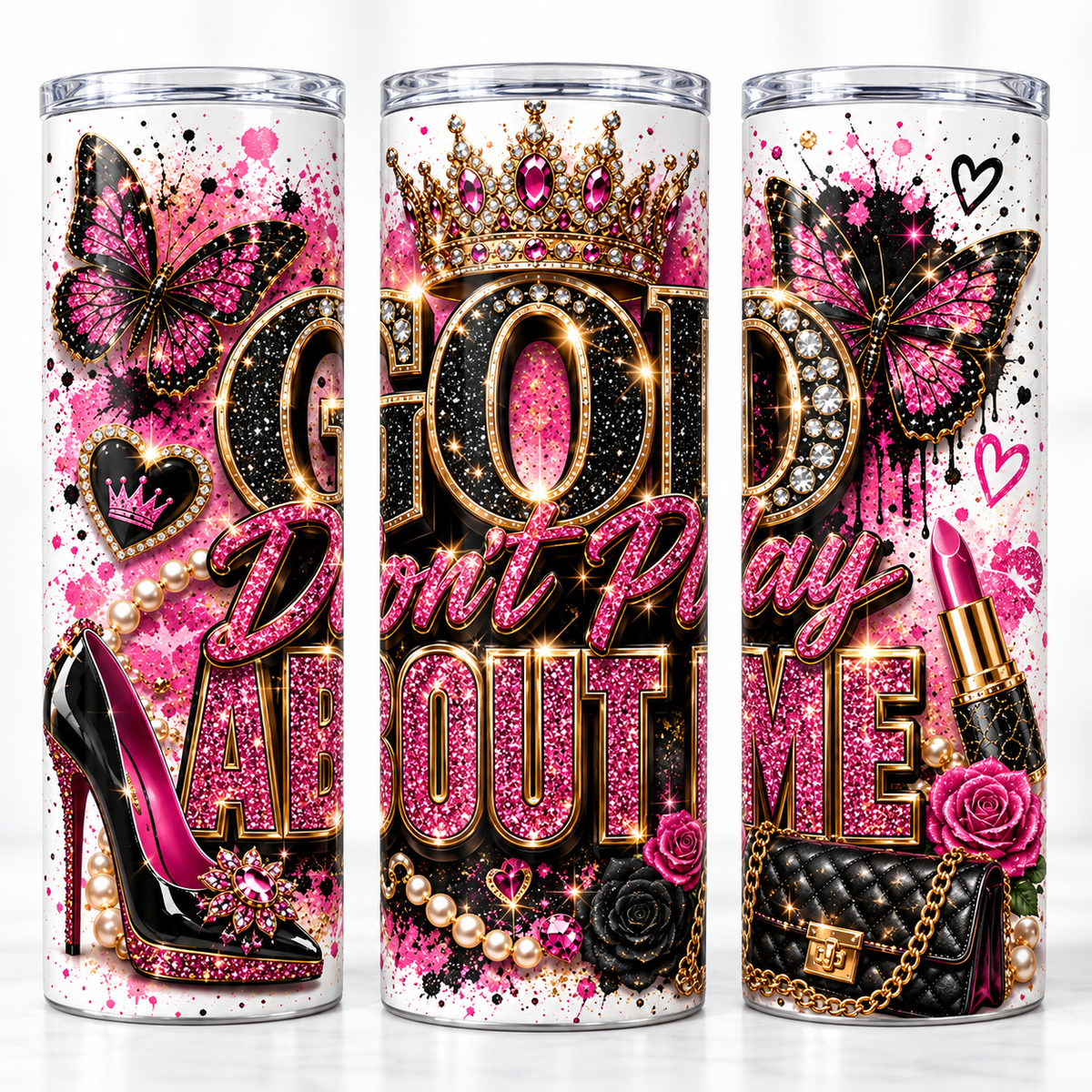 God Don't Play About Me 20oz Christian tumbler bow and heels glam product mockup