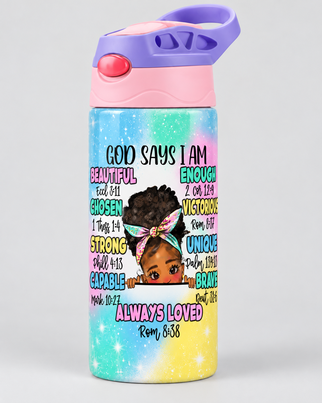 God Says I Am Beautiful 15oz kids tumbler mockup with pink and purple flip-top lid