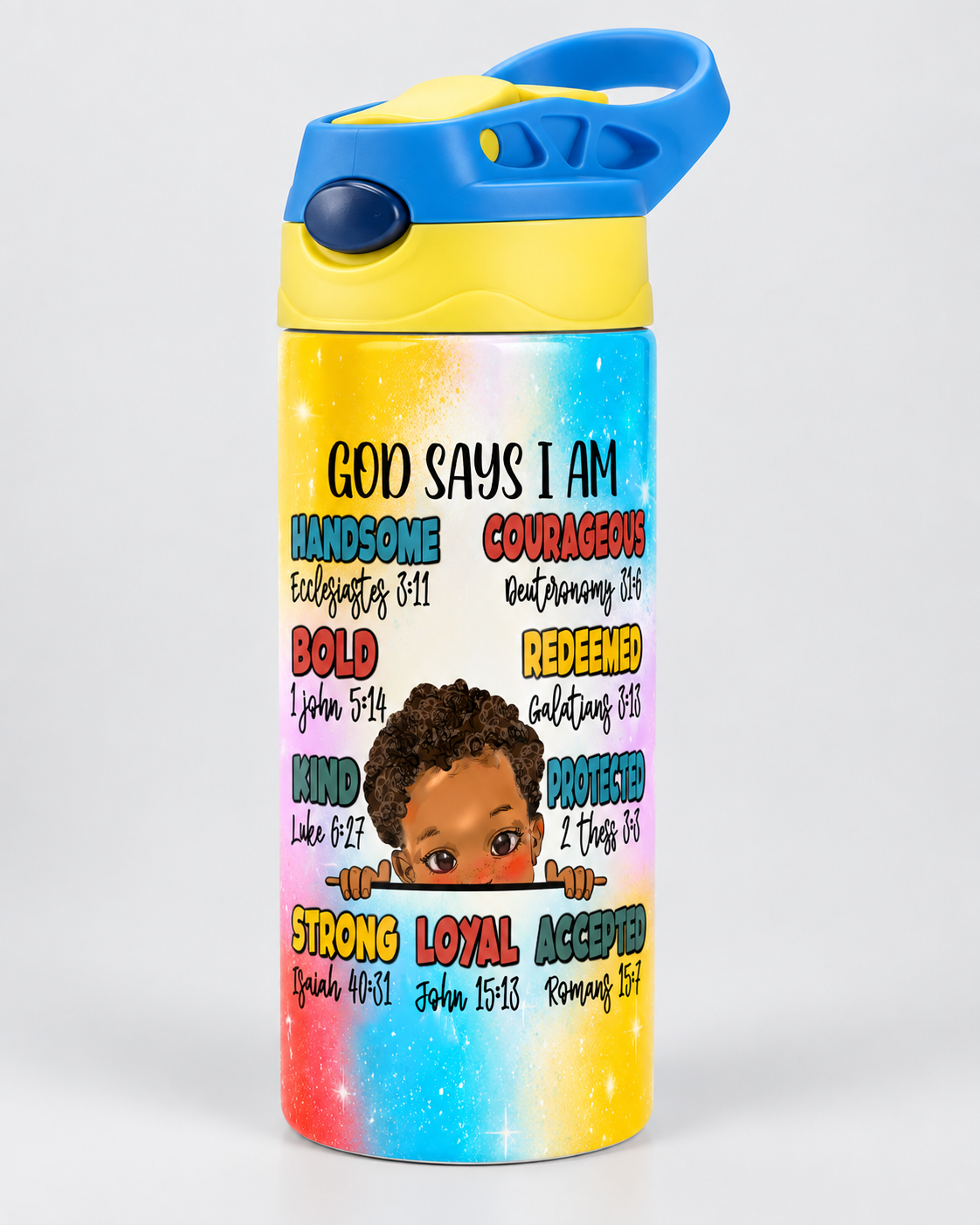God Says I Am Handsome 15oz kids tumbler mockup with blue and yellow flip-top lid