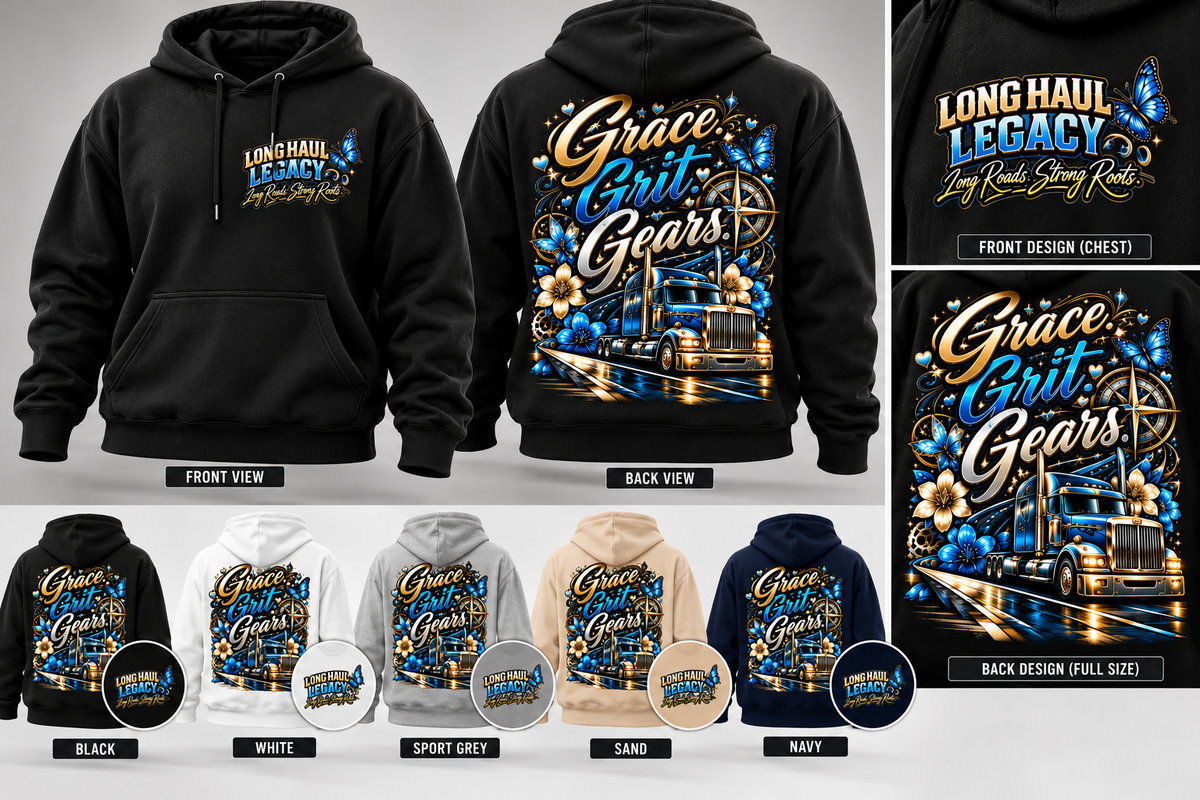 Grace. Grit. Gears. Blue and Gold Long Haul Legacy hoodie in Black, White, Sport Grey, Sand, and Navy