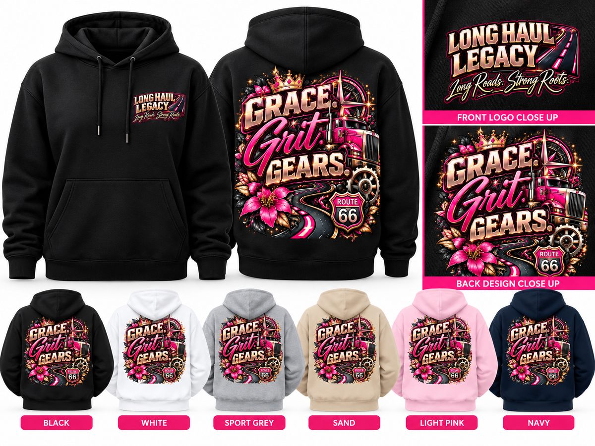 Grace. Grit. Gears. Long Haul Legacy hoodie in Black, White, Sport Grey, Sand, Light Pink, and Navy
