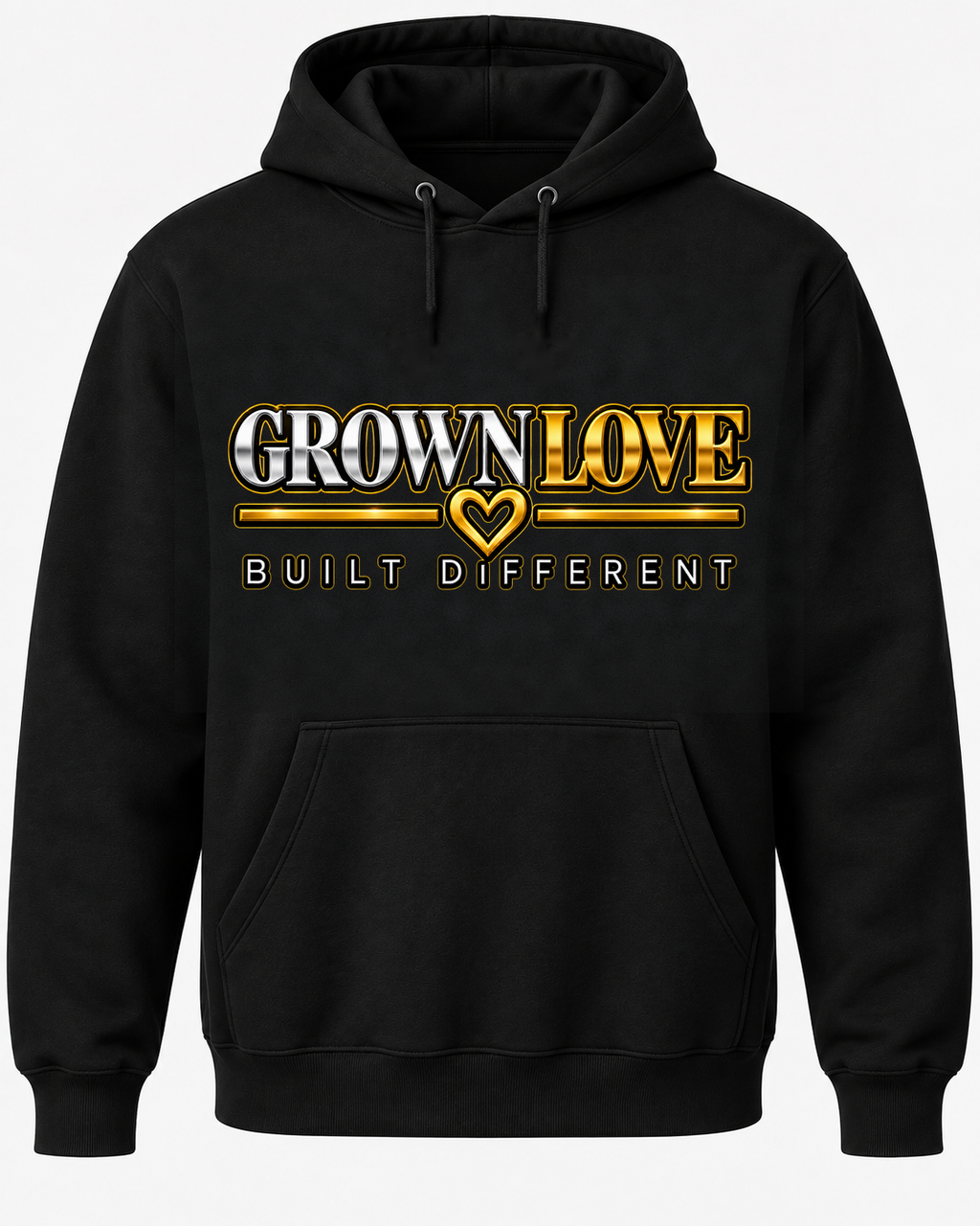 The Signature Grown Love black pullover hoodie with correctly scaled Built Different front design
