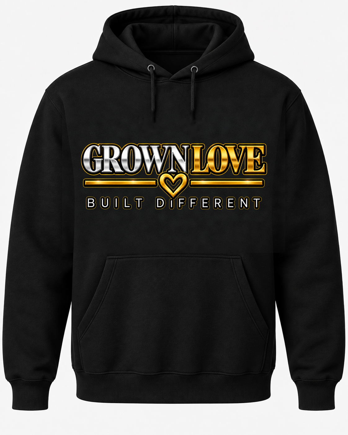 The Signature Grown Love black pullover hoodie with correctly scaled Built Different front design