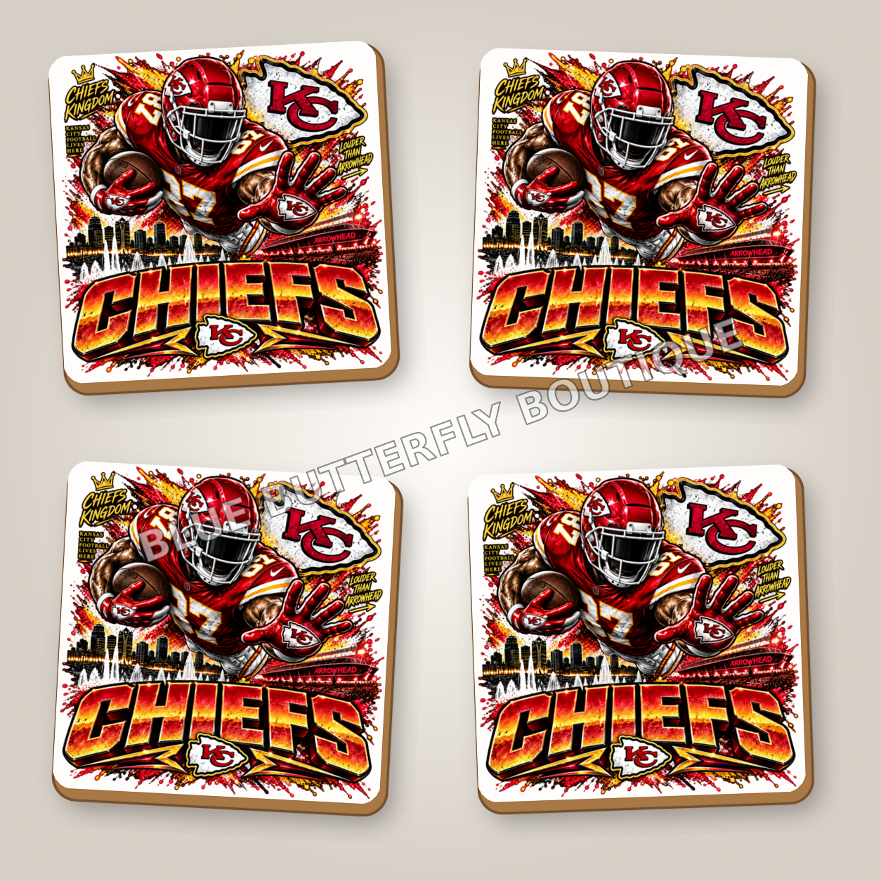 Kansas City Chiefs football fan ceramic coaster set of four with white ceramic showing around the design - Blue Butterfly Boutique