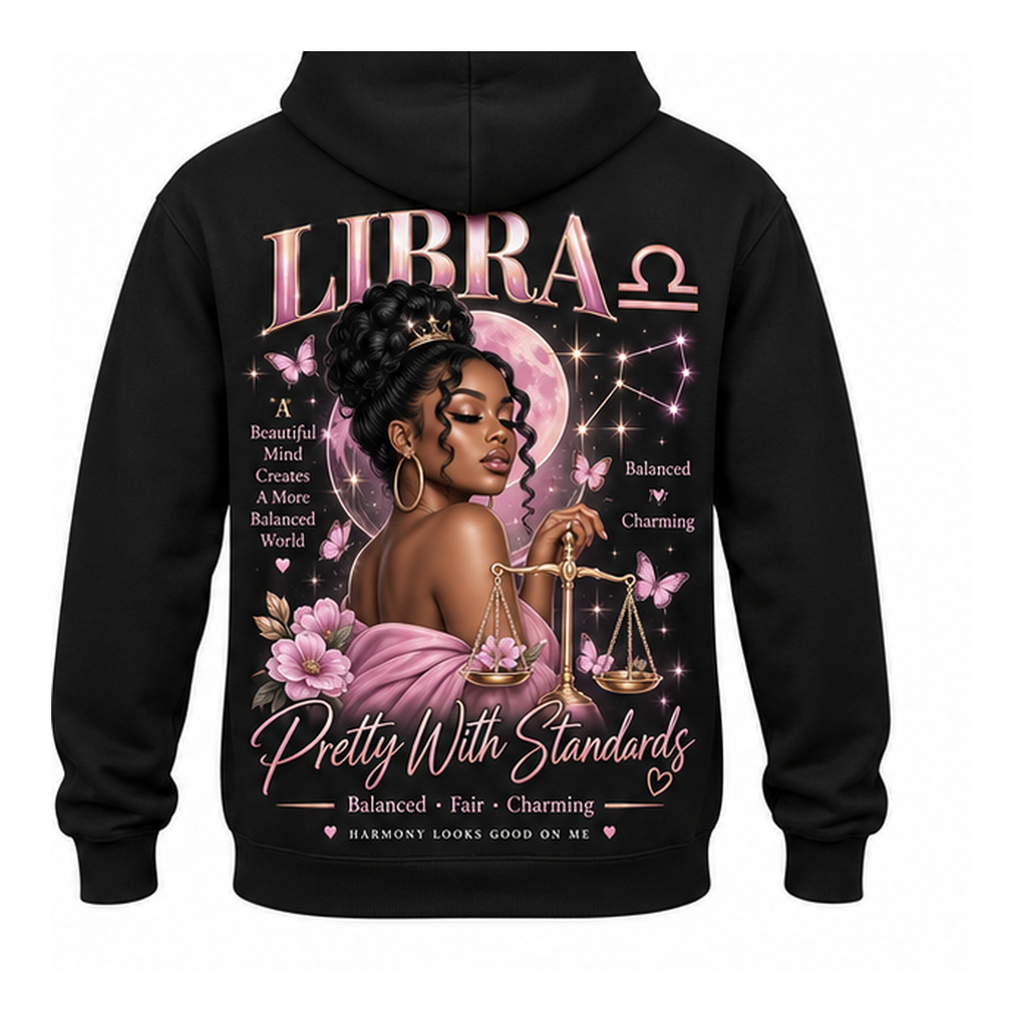 Libra black pullover hoodie with one large back design only