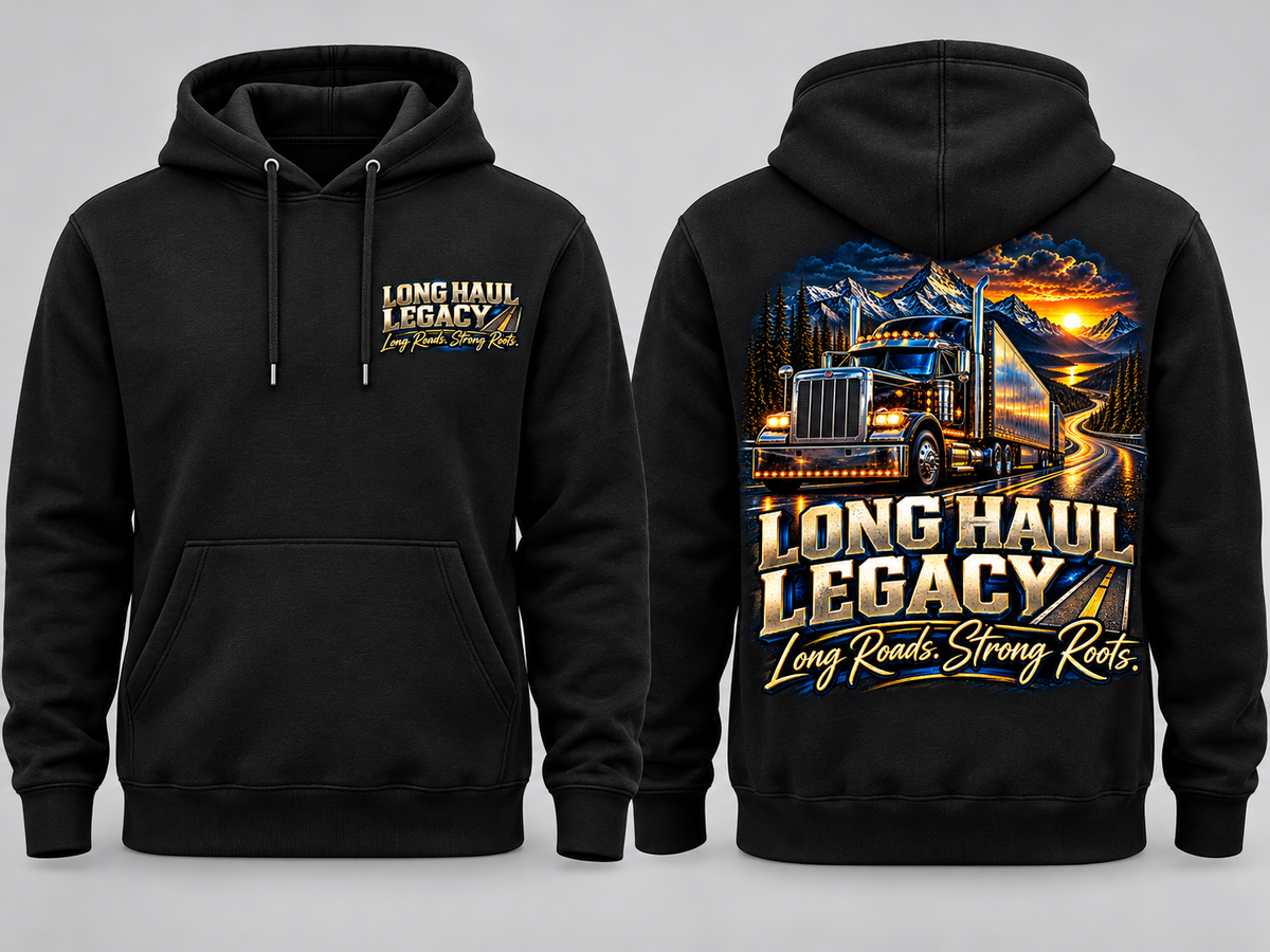 Long Haul Legacy black pullover hoodie front and back