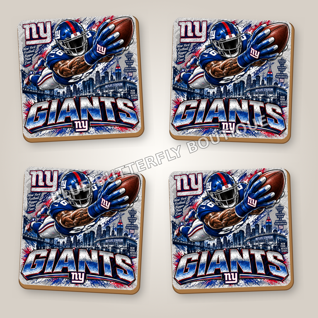 New York Giants football fan ceramic coaster set of four with white ceramic showing around the design - Blue Butterfly Boutique