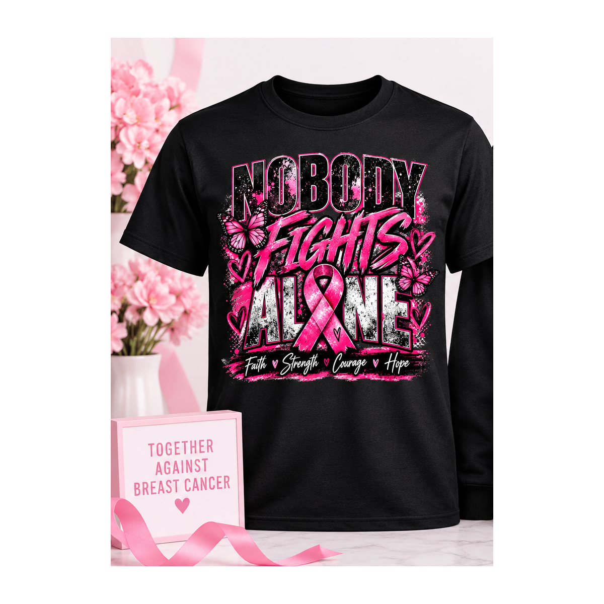 Black Nobody Fights Alone breast cancer awareness T-shirt by Blue Butterfly Boutique