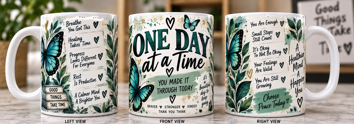 One Day at a Time 15 oz mental health awareness mug product mockup