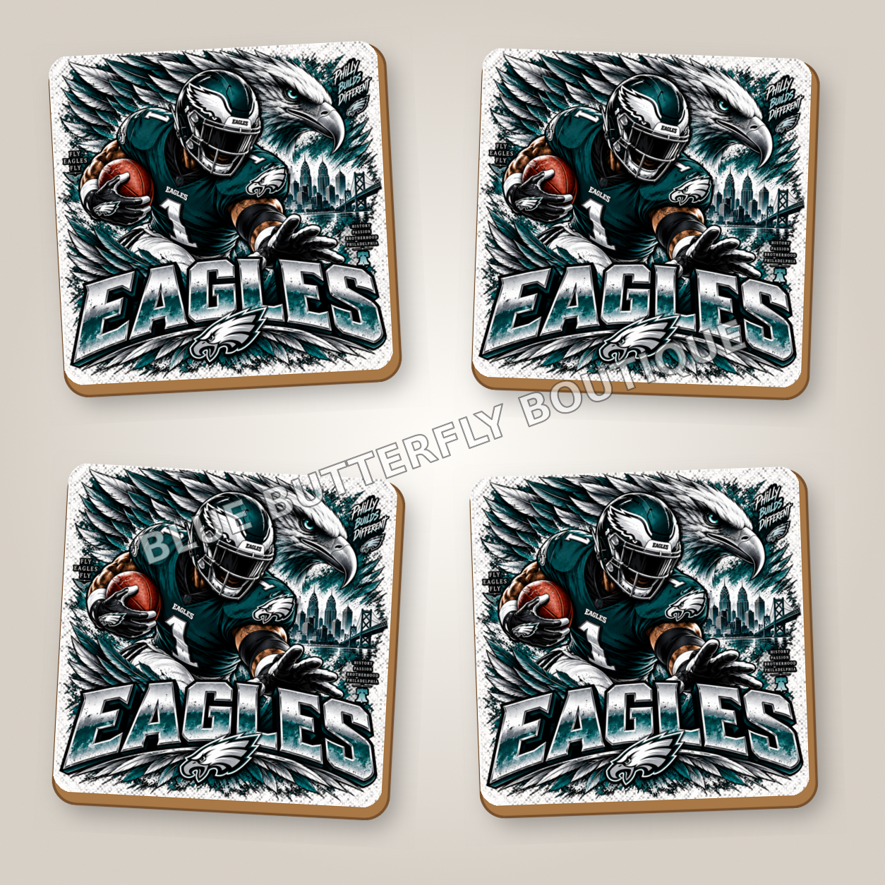 Philadelphia Eagles football fan ceramic coaster set of four with white ceramic showing around the design - Blue Butterfly Boutique