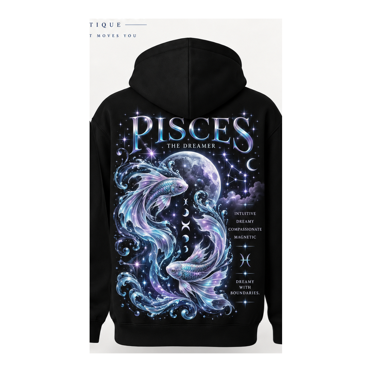 Pisces black pullover hoodie with one large back design only