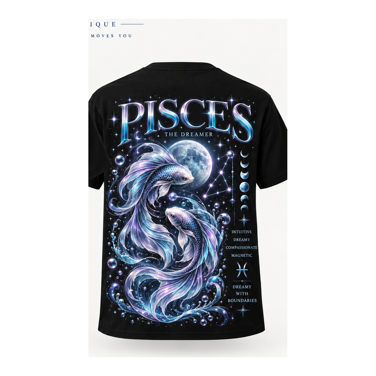 Pisces black unisex T-shirt with one large back design only