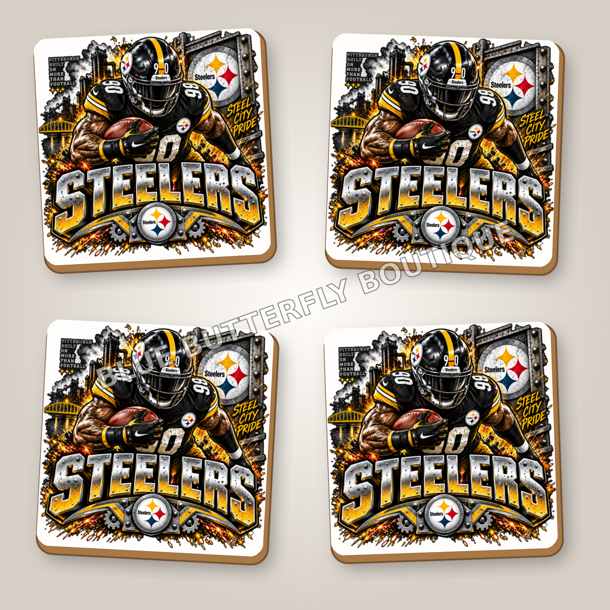 Pittsburgh Steelers football fan ceramic coaster set of four with white ceramic showing around the design - Blue Butterfly Boutique
