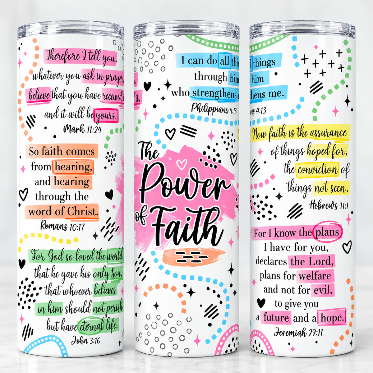 The Power of Faith 20oz Scripture tumbler pink option product mockup