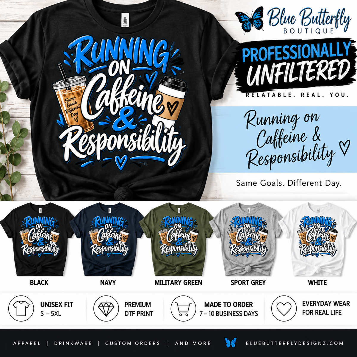 Running on Caffeine and Responsibility Professionally Unfiltered T-shirt listing mockup