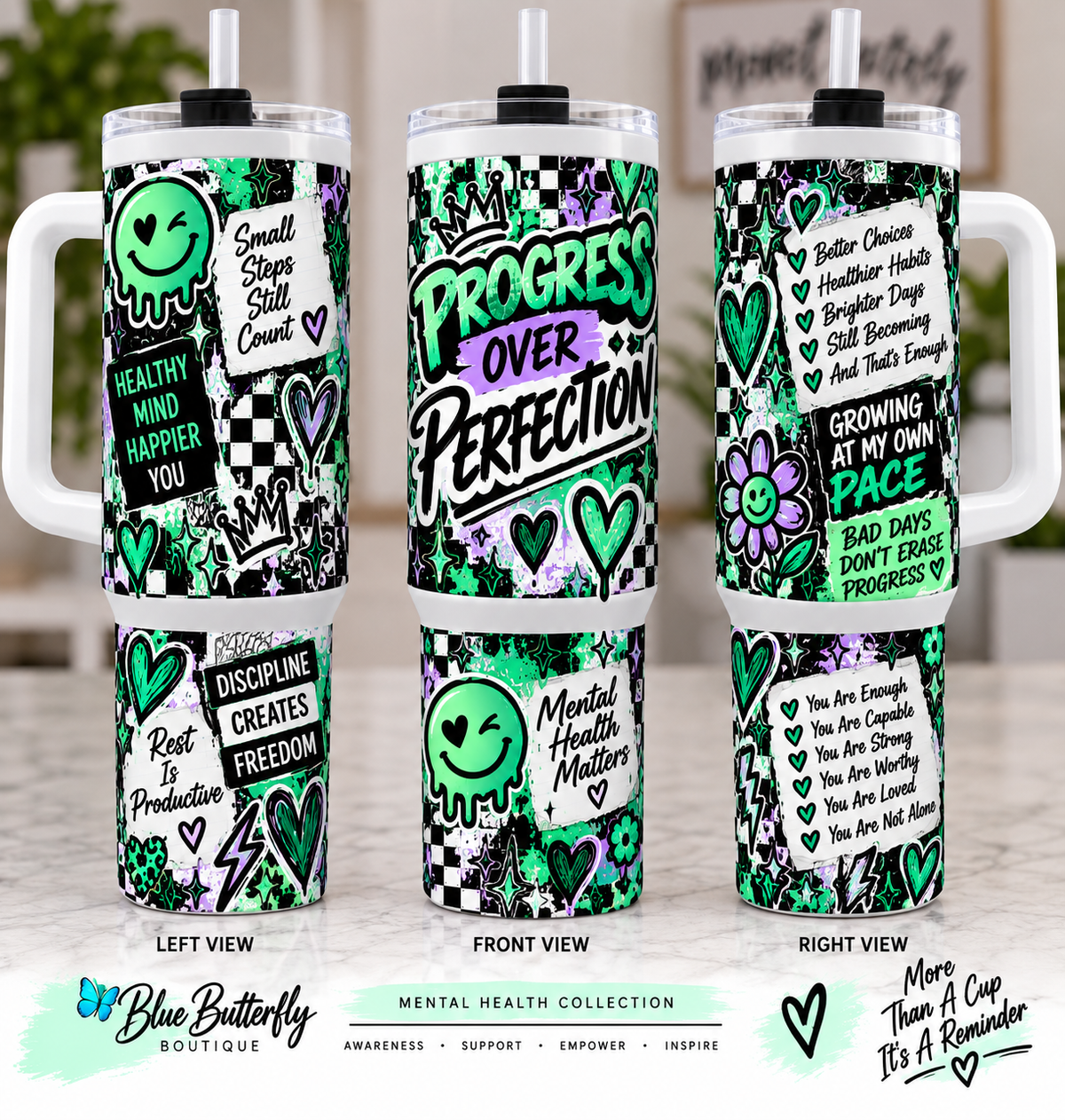 Progress Over Perfection 40 oz mental health tumbler mockup