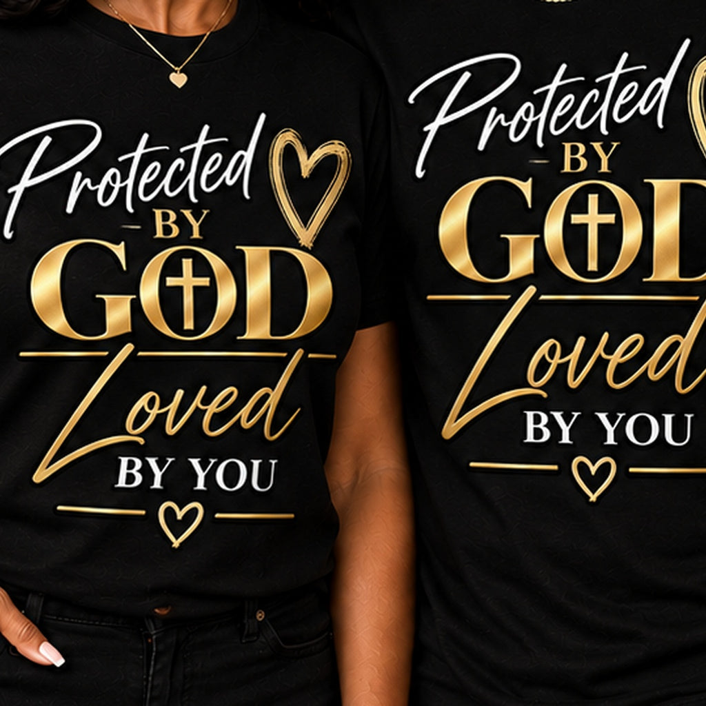 Close-up of Protected by God Loved by You T-shirt print
