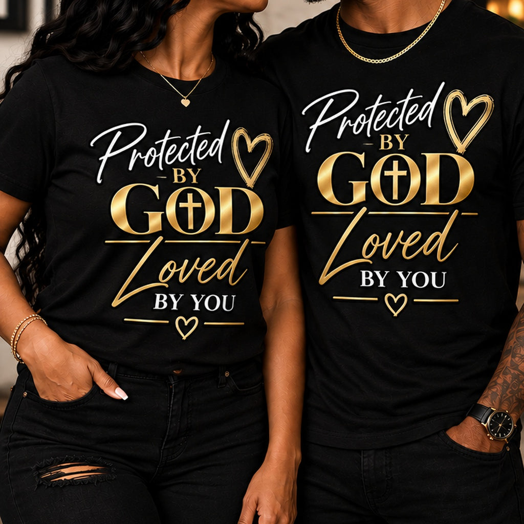 Couple wearing Protected by God Loved by You unisex black T-shirts with natural straight hems