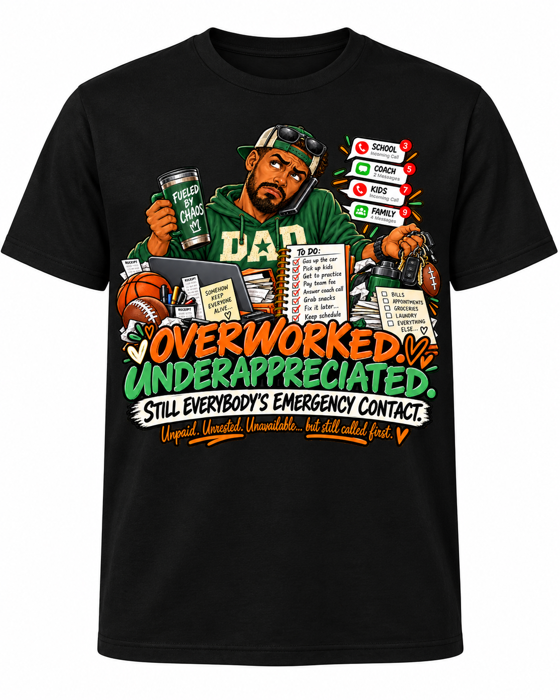 African American Dad Overworked Underappreciated Still Everybody's Emergency Contact black T-shirt front mockup