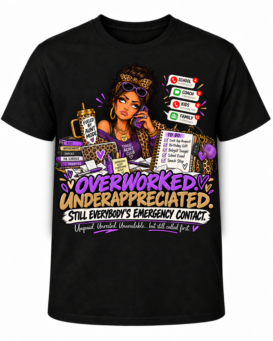 Corrected approved Purple Original Aunt shirt — centered artwork with full bottom wording