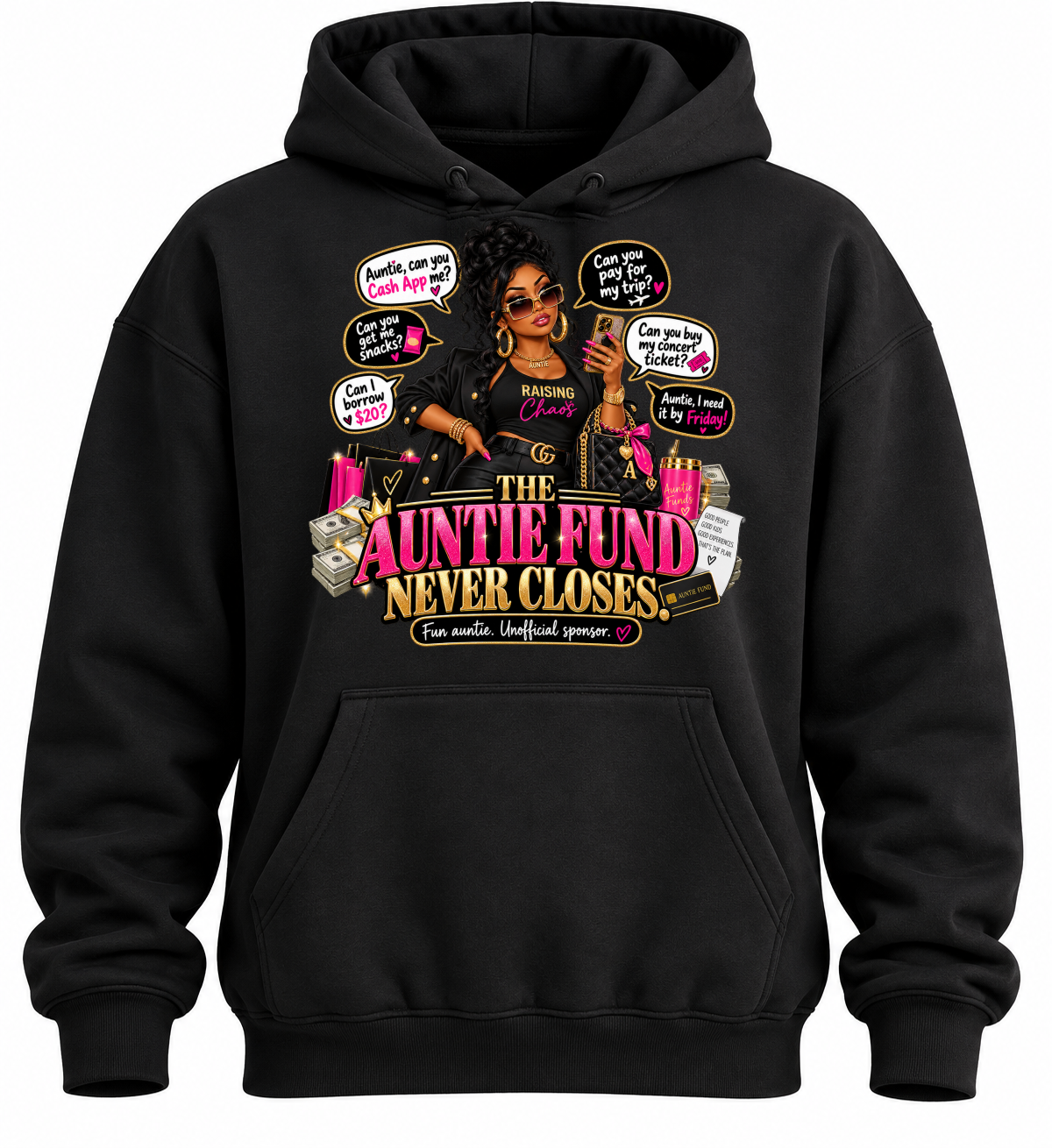 The Auntie Fund Never Closes — Black pullover hoodie, approved front graphic mockup without visible drawstrings