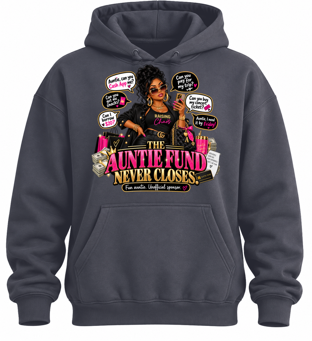 The Auntie Fund Never Closes — Charcoal pullover hoodie, approved front graphic mockup without visible drawstrings