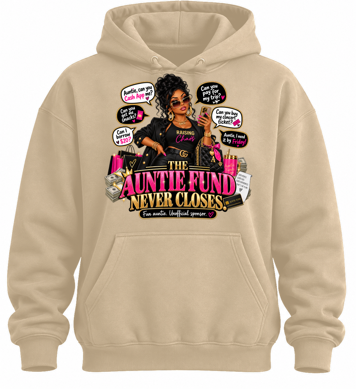 Sand hoodie — approved original Auntie Fund front artwork, print above pocket; drawstrings included on actual hoodie but hidden in mockup