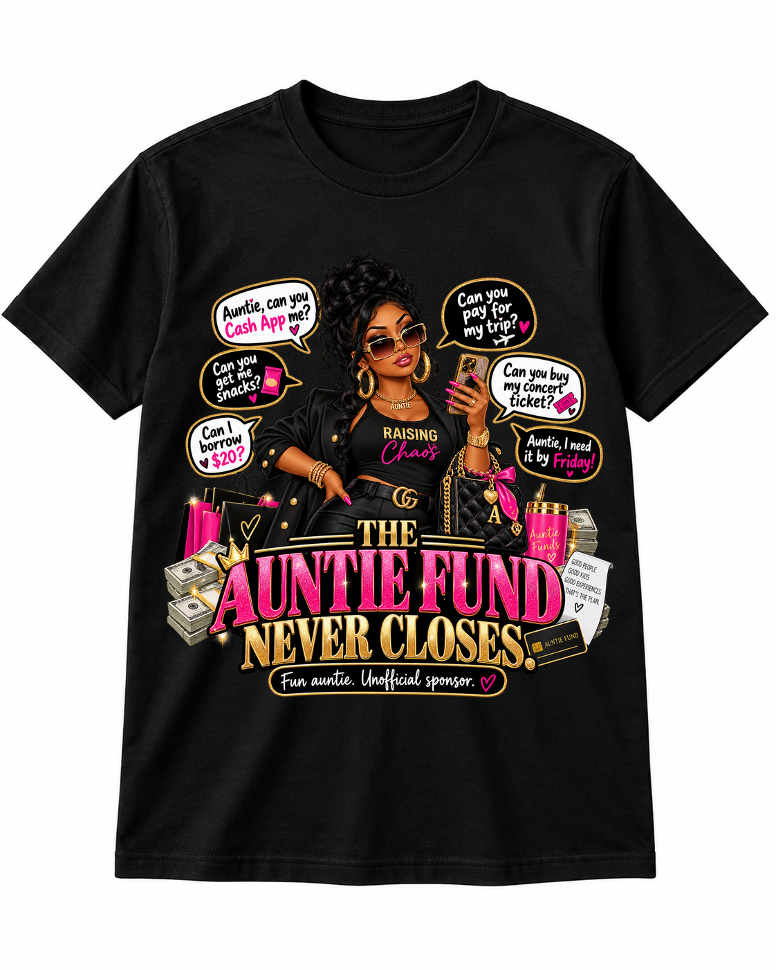 Black Auntie Fund T-shirt, corrected lower chest placement, approved artwork