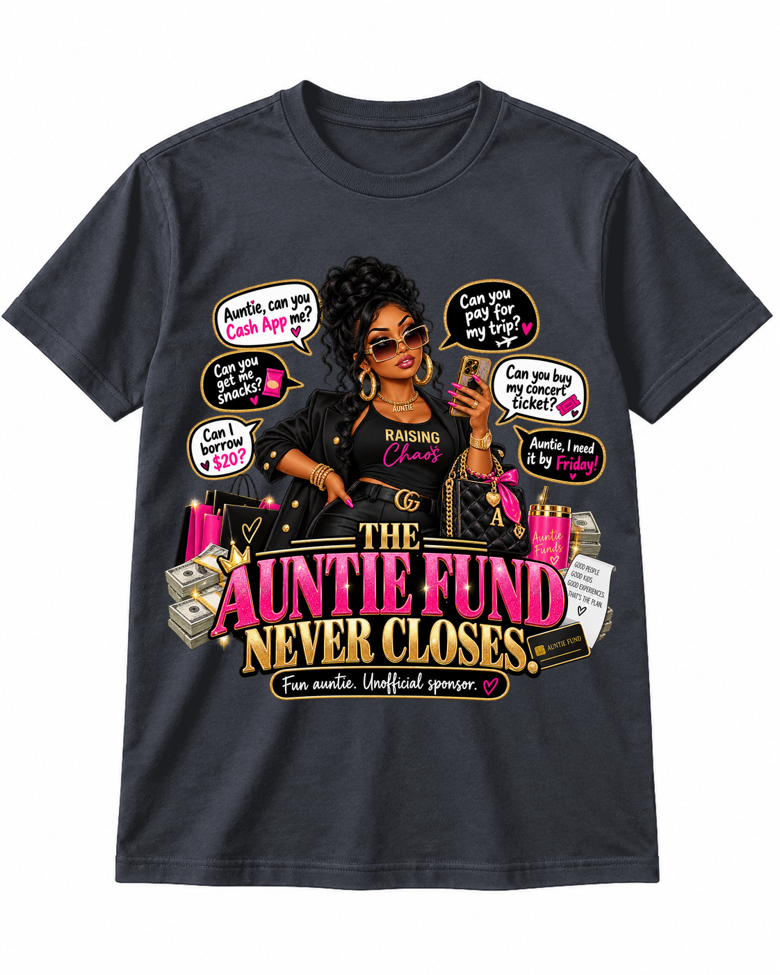 Charcoal Auntie Fund T-shirt, corrected lower chest placement, approved artwork