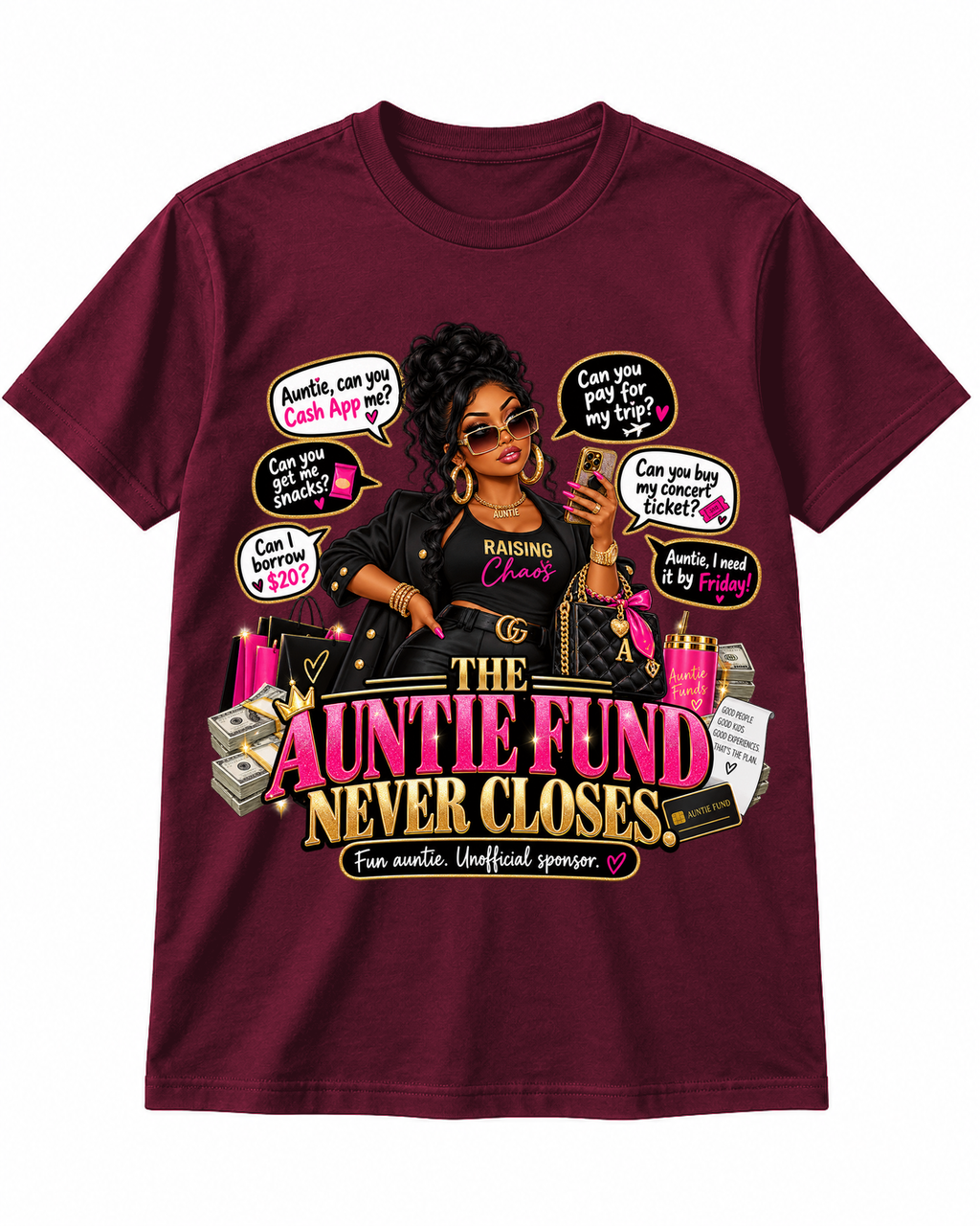 Maroon Auntie Fund T-shirt, corrected lower chest placement, approved artwork