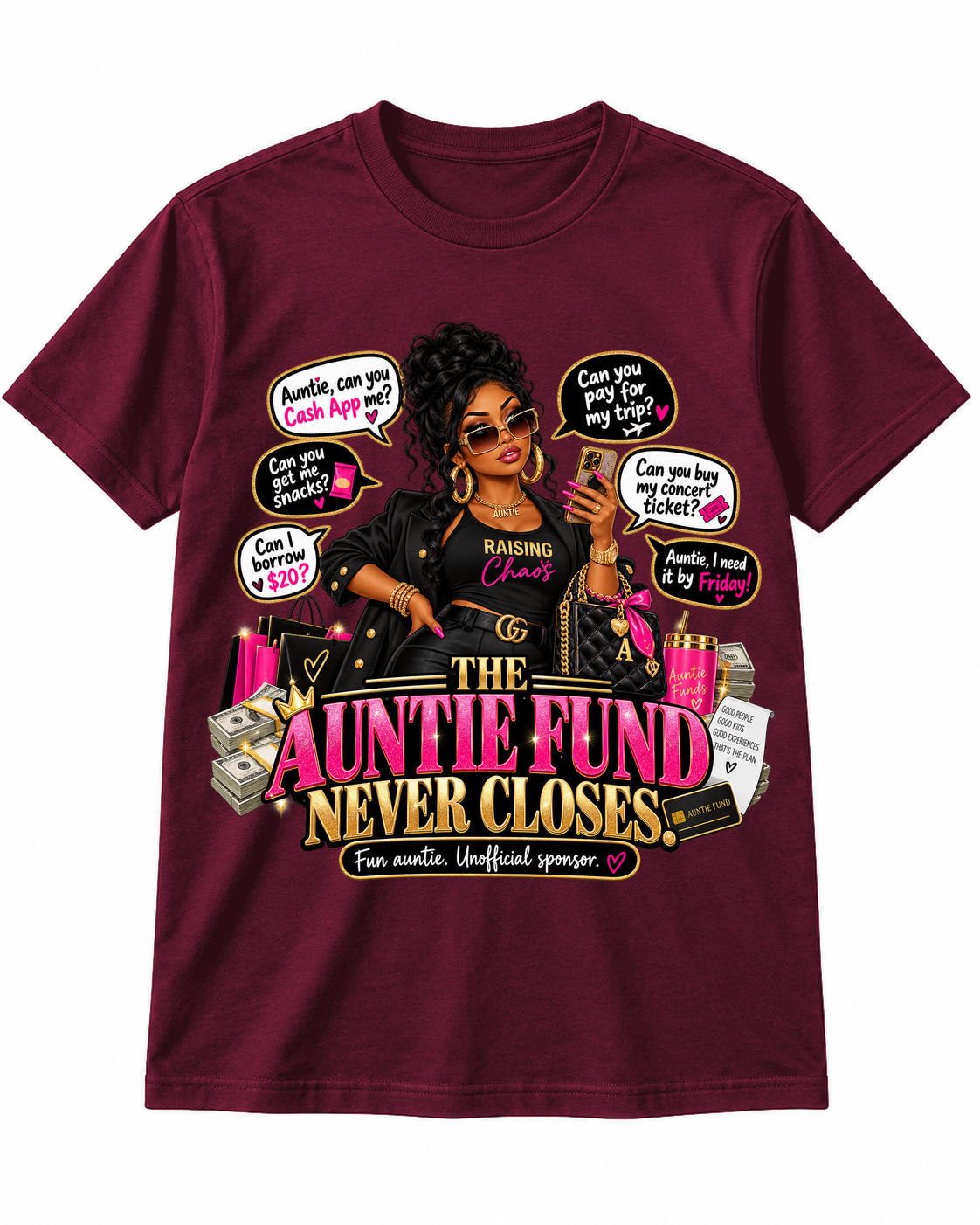 Maroon Auntie Fund T-shirt, corrected lower chest placement, approved artwork