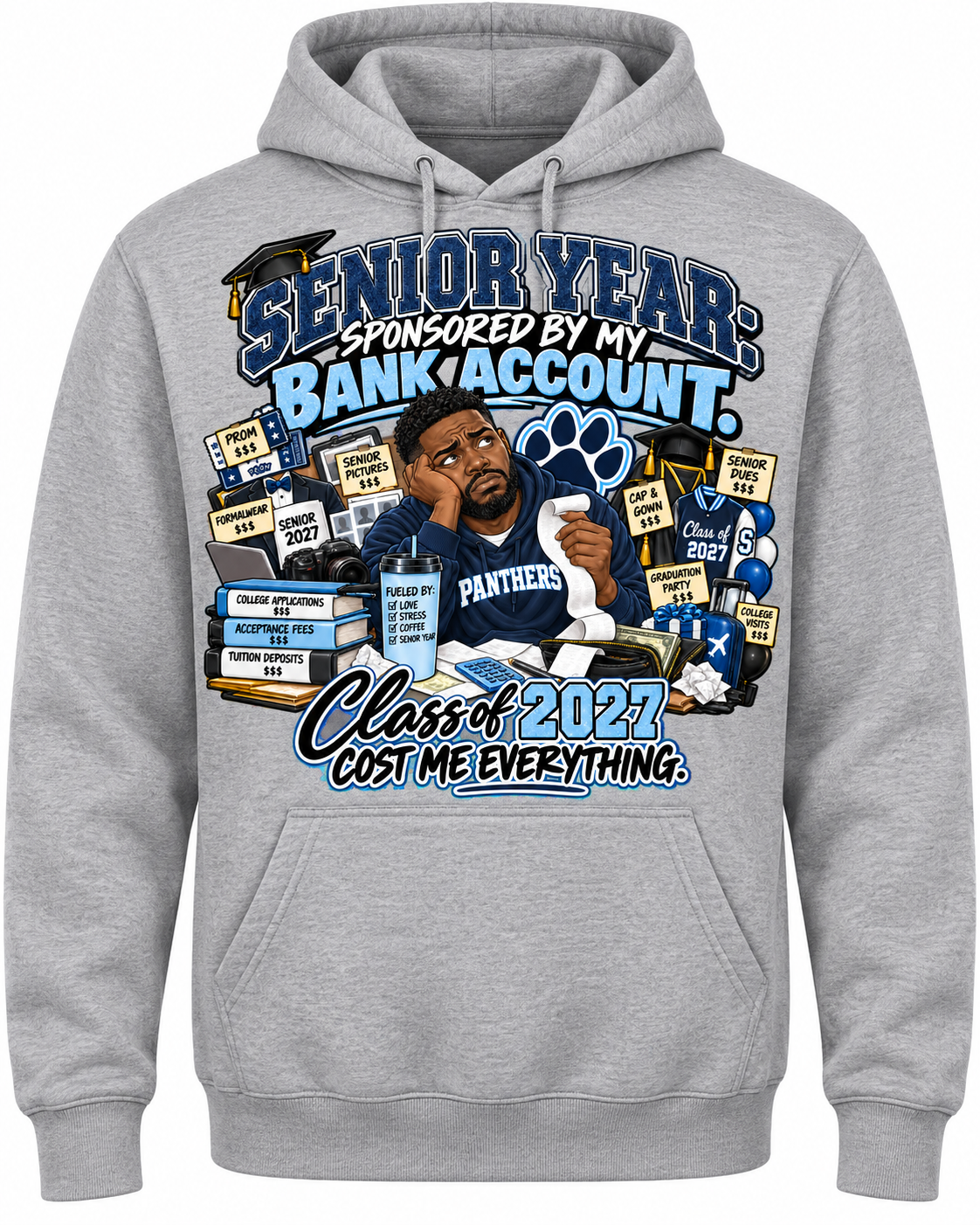Senior Year Dad Edition front graphic on gray pullover hoodie
