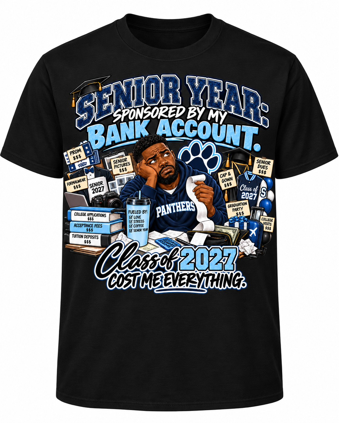 Senior Year Dad Edition front graphic on black T-shirt