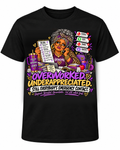 Original Raising Chaos Overworked Underappreciated Emergency Contact Grandma black T-shirt, front design only