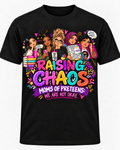 Approved Five Moms Raising Chaos black T-shirt, appropriately sized and centered on the FRONT only; back blank