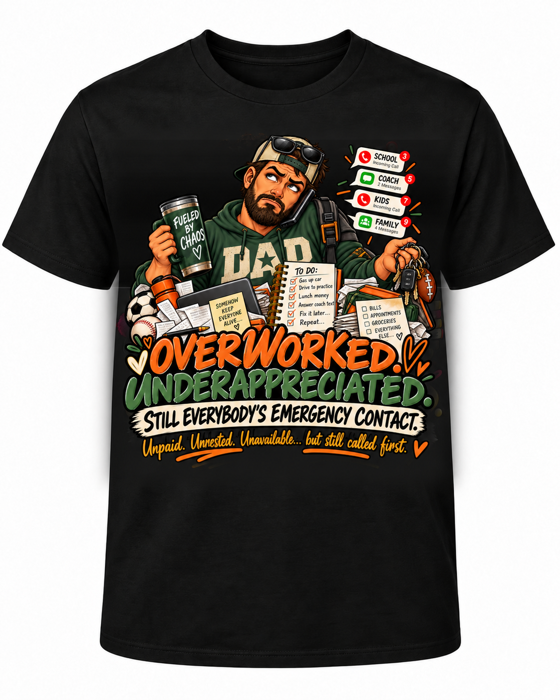 Approved corrected Dad Emergency Contact T-shirt; centered artwork with bright, fully readable bottom words "Unpaid. Unrested. Unavailable... but still called first."