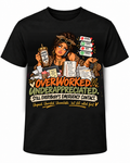 Approved corrected Universal Caregiver Emergency Contact T-shirt; centered artwork with bright, fully readable bottom words "Unpaid. Unrested. Unavailable... but still called first."