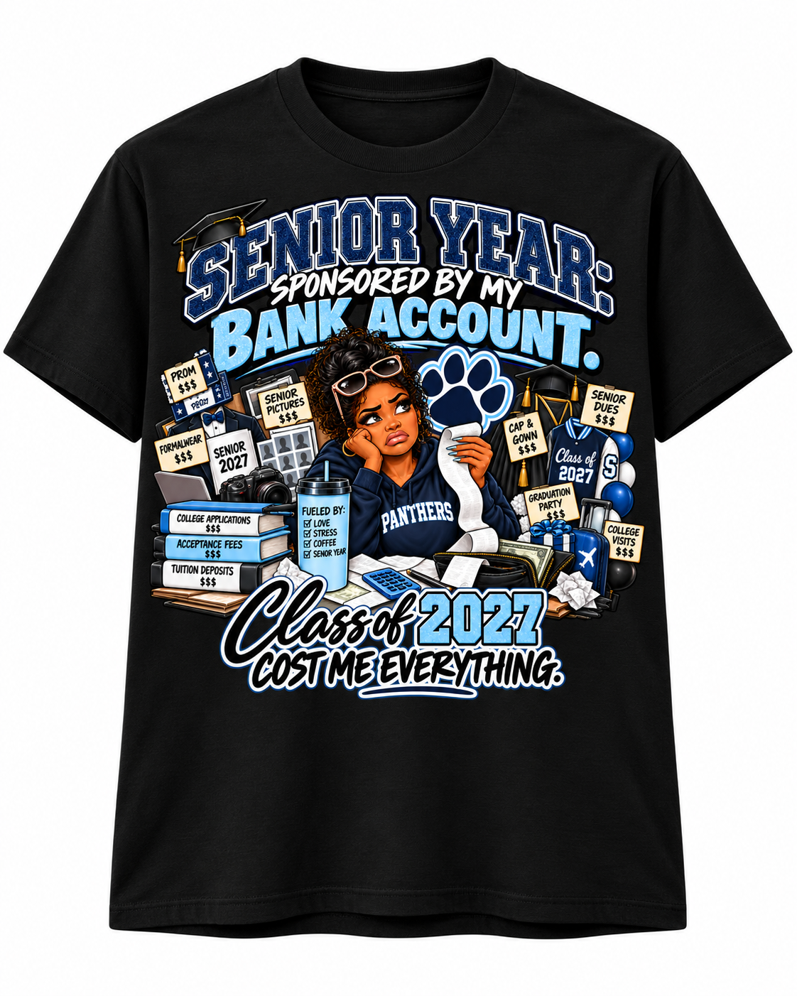 Black T-shirt, approved Senior Year Class of 2027 graphic front mockup