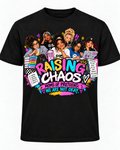 Approved Six Moms Raising Chaos black T-shirt, appropriately sized and centered on the FRONT only; back blank
