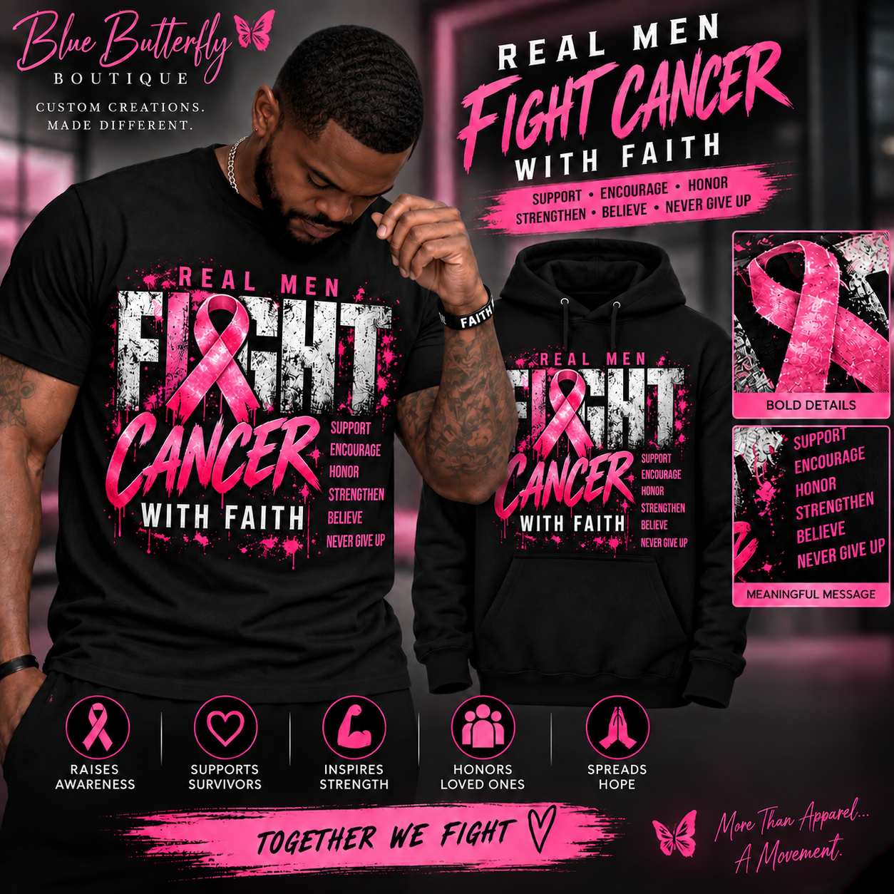 Black breast cancer awareness T-shirt featuring Real Men Fight Cancer With Faith design by Blue Butterfly Boutique