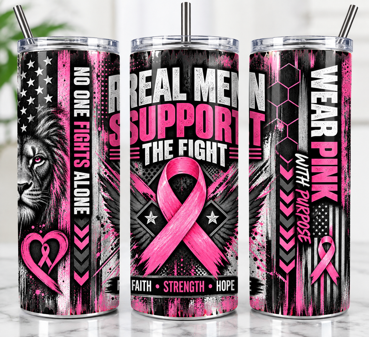 Real Men Support the Fight breast cancer awareness 20 oz skinny tumbler mockup