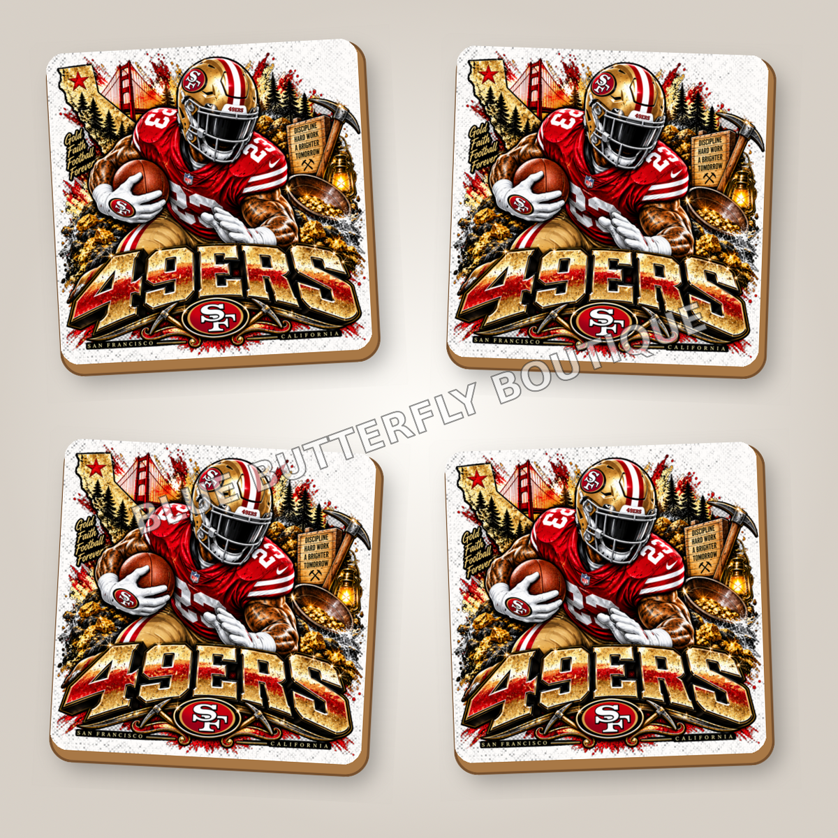 San Francisco 49ers football fan ceramic coaster set of four with white ceramic showing around the design - Blue Butterfly Boutique