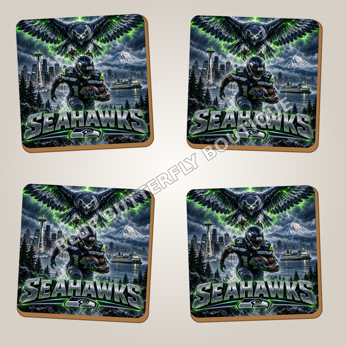 Seattle Seahawks full-coverage ceramic coaster set of four - Blue Butterfly Boutique