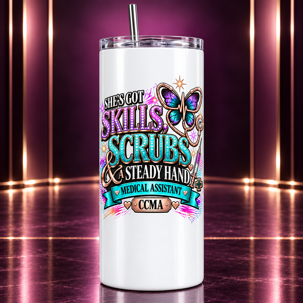 She's Got Skills, Scrubs & a Steady Hand medical assistant white 20 oz tumbler