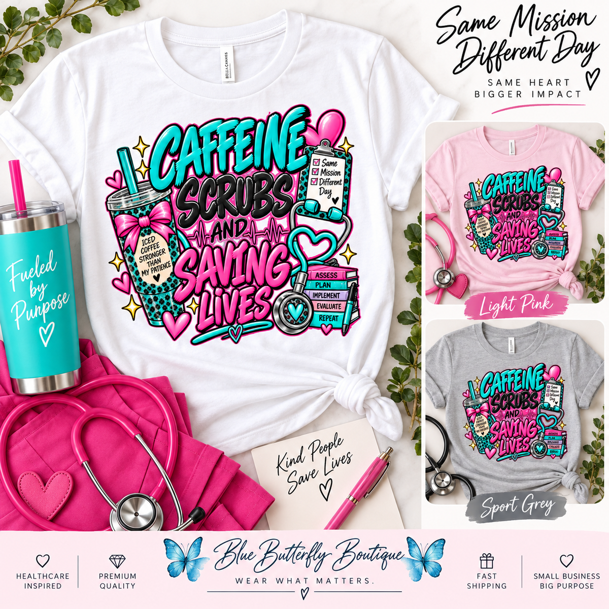 Caffeine Scrubs and Saving Lives feminine Stable-ish healthcare T-shirt mockup