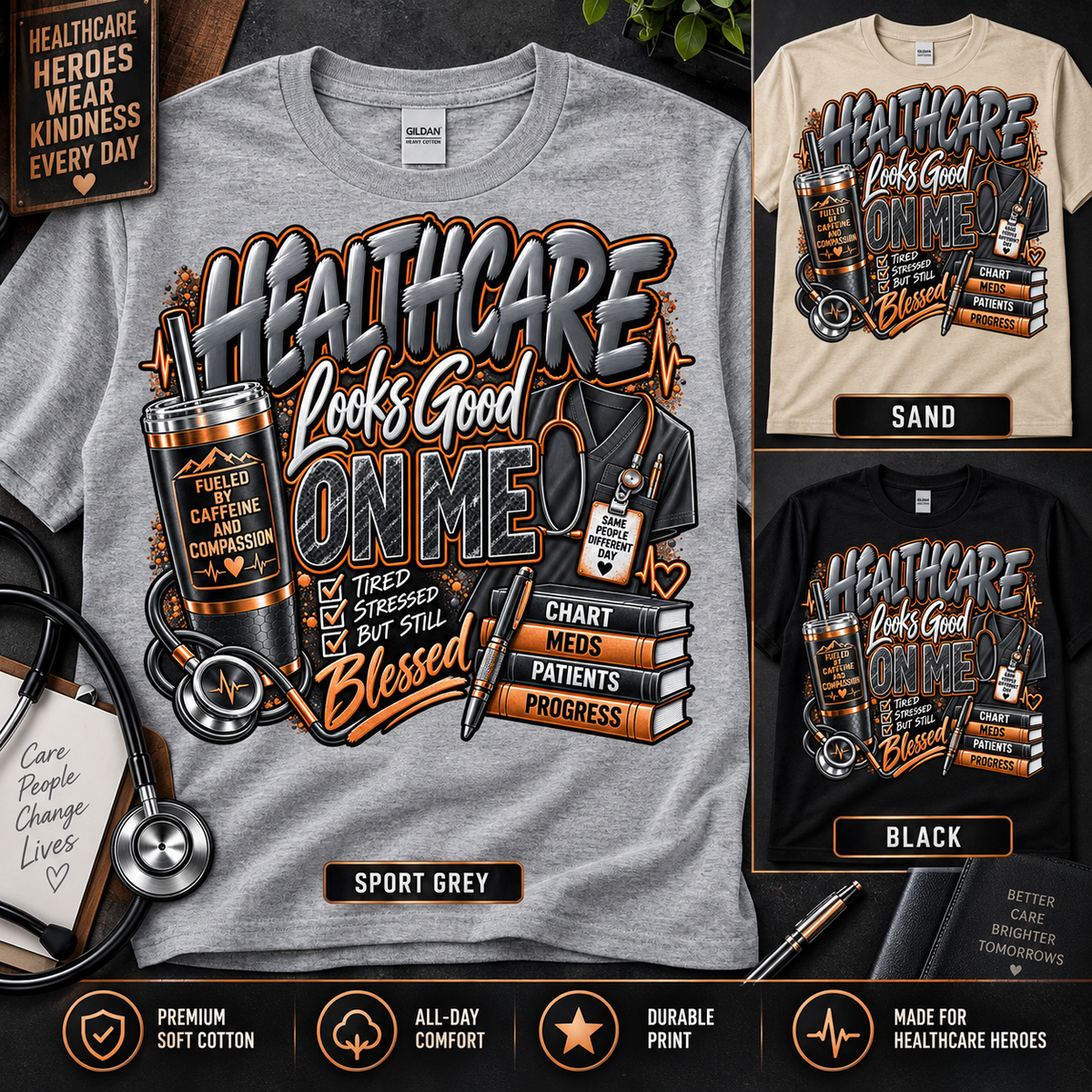 Healthcare Looks Good On Me black copper masculine Stable-ish T-shirt mockup