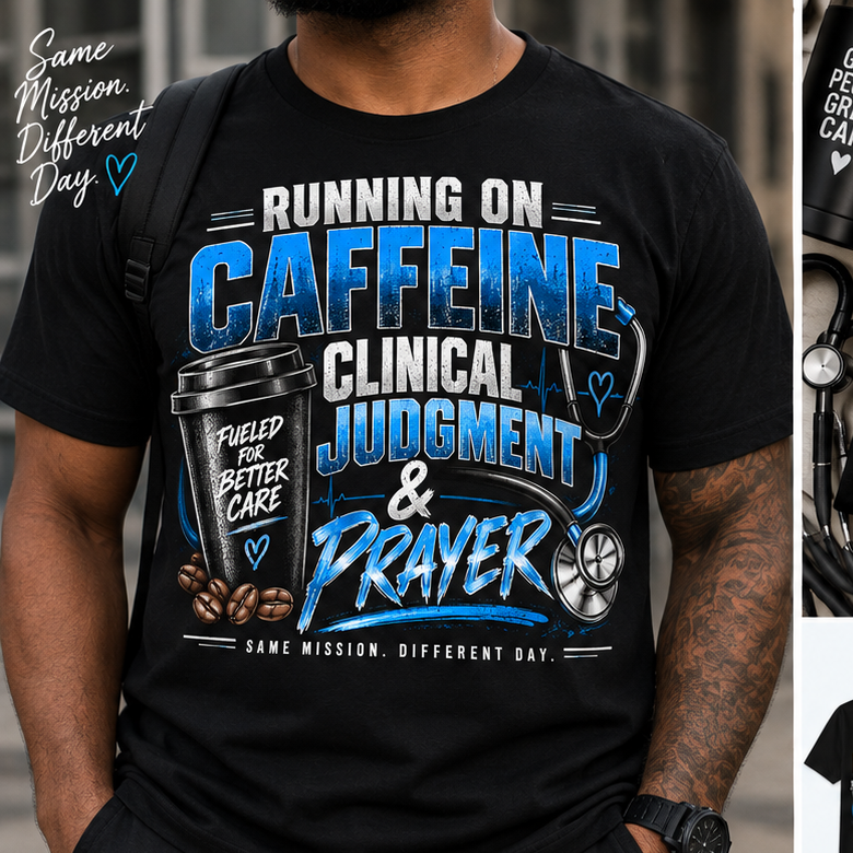 Running on Caffeine Clinical Judgment and Prayer front-only black T-shirt mockup